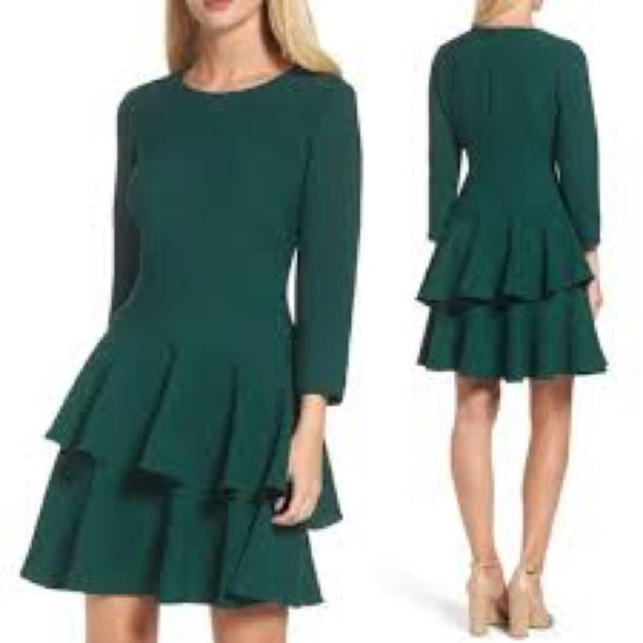 Eliza J Forest Green for and flare ruffle 3/4 sleeve dress 16/ 14 - Picture 2 of 11